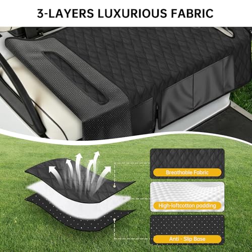 Golf Cart Seat Covers, Universal Golf Cart Seat Towel Blanket with 6 Front Pockets & Nonskid Bottom Fits for EZGO, Yamaha, Club Car and More 2 Person Seats Golf Carts, Black, 51.2 x 31.5 Inches