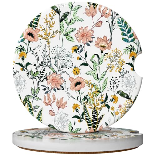 2 Pack Car Coasters for Cup Holders, Absorbent Ceramic Cup Coaster with Cork Base and Finger Notch, Cute Car Accessories Interior for Women Men - color: Flower-grass