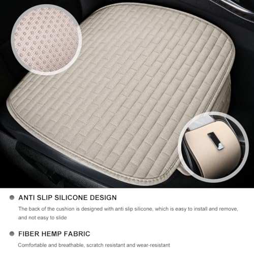 Front Car Seat Cover, Anti-Slip Breathable Linen Bottom Seat Protector Covers with Storage Pockets, Universal Front Driver Seat Pad Mat for Cars SUVs Truck Van (Beige)