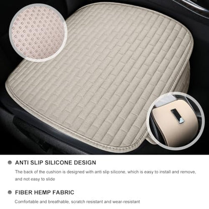 Front Car Seat Cover, Anti-Slip Breathable Linen Bottom Seat Protector Covers with Storage Pockets, Universal Front Driver Seat Pad Mat for Cars SUVs Truck Van (Beige)