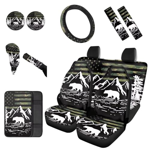 Dreaweet Car Seat Covers Full Set American Flag Mountains Bear Design Seat Covers for Truck SUV Cars with Steering Wheel Cover/Armrest Cover/Seatbelt Covers/Car Coasters/Gear Shift Cover,12 Pcs Set - color: American Flag Mountains Bear