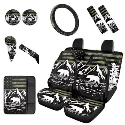 Dreaweet Car Seat Covers Full Set American Flag Mountains Bear Design Seat Covers for Truck SUV Cars with Steering Wheel Cover/Armrest Cover/Seatbelt Covers/Car Coasters/Gear Shift Cover,12 Pcs Set - color: American Flag Mountains Bear