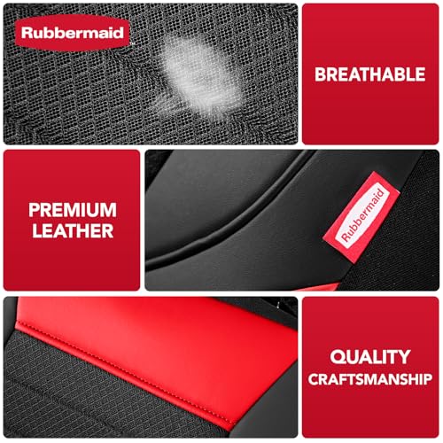 Rubbermaid Car Seat Cover, Leather & Air-Cool Mesh Front Seat Cover, Airbag Compatible, Slip-On Installation, Automotive Seat Cover Universal Fit for Most Cars, Trucks, SUVs-Red