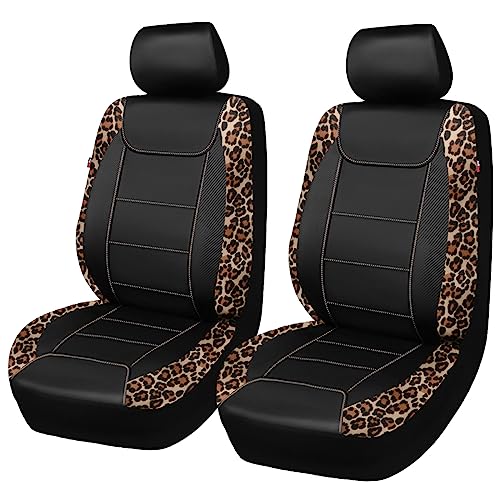 Flying Banner car seat Covers Faux Leather Waterproof Easy Clean Easy Installation (Leopard Brown Black, 2 Fronts) - color: Leopard Brown Black