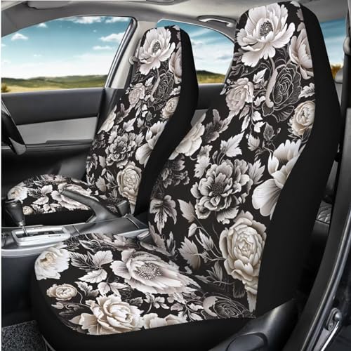 Black White Flower Universal Front Seat Covers, Pack of Two Easy to Install Fit for Trucks Vans SUV Sedans Automotive Comfortable - color: Black White Flower