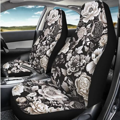 Black White Flower Universal Front Seat Covers, Pack of Two Easy to Install Fit for Trucks Vans SUV Sedans Automotive Comfortable - color: Black White Flower