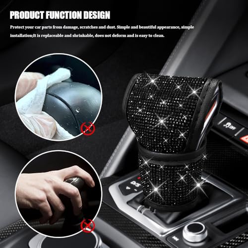 Bling Auto Gear Shift Knob Cover, Car Shifter Cover, Sparkly Crystal Rhinestones Gear Shift Knob Cover for Women Girls, PU Leather Shift Gear Cover with Bling Accessories Fit Cars (Black) - color: Black