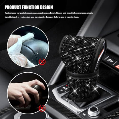 Bling Auto Gear Shift Knob Cover, Car Shifter Cover, Sparkly Crystal Rhinestones Gear Shift Knob Cover for Women Girls, PU Leather Shift Gear Cover with Bling Accessories Fit Cars (Black) - color: Black