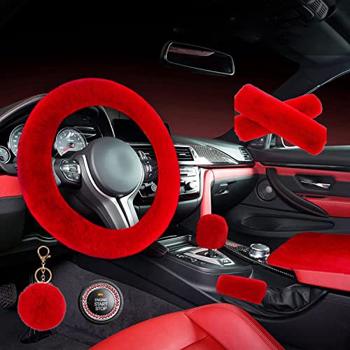 ZYNQACC 1 Set 8 Pieces Fluffy Steering Wheel Cover Set,Warm Soft Fuzzy Steering Wheel Covers for Women/Girls,Universal 15 Inches Girls Car Accessories (Red) - color: Red