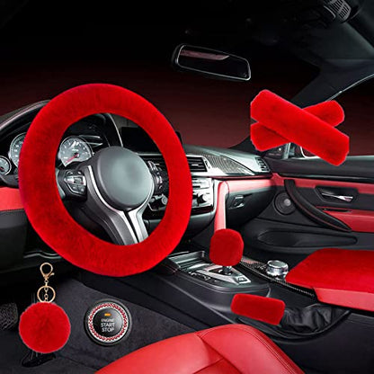 ZYNQACC 1 Set 8 Pieces Fluffy Steering Wheel Cover Set,Warm Soft Fuzzy Steering Wheel Covers for Women/Girls,Universal 15 Inches Girls Car Accessories (Red) - color: Red