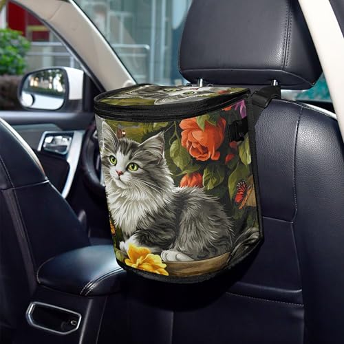 MNSRUU Car Trash Can with Lid, Gray Cat on The Garden Fence Car Trash Bag Hanging Organizers and Storage for Front Back Seat, Leak-Proof Trash Bin - color: Cats I14284