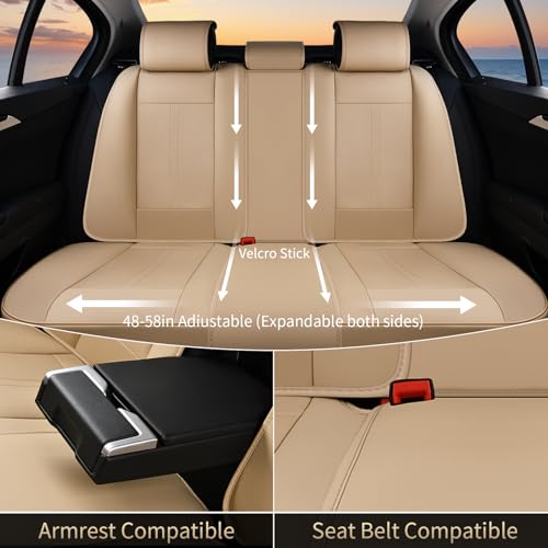 Car Seat Covers for Full Set, Universal Seat Cushion 5 Seats, Car Seat Protector Waterproof, Premium Leather Automotive Seat Covers for Most Cars, Sedans, SUVs, and Trucks-Beige