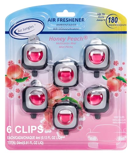 Air Jungles Honey Peach Scent Car Air Freshener Vent Clip, 6 Count Long Lasting Up to 180 days, Natural Essential Oil Car Fragrance for Women and Men, Odor Eliminator - 4ml Each - color: Honey Peach, size: 6 Count (Pack of 1)
