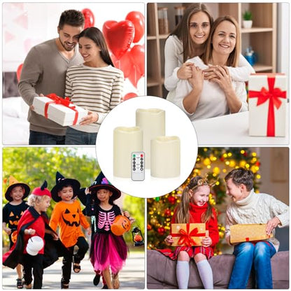 Flameless Candles 4" 5" 6" Outdoor Indoor Pillars Battery Operated Flickering Candles Include 10-Key Remote Timer 400+ Hours by 2 AA Batteries (Ivory Candle - Warm light, 3"D x 4"|5"|6" H - 3 Pack)