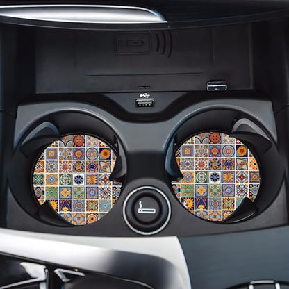 Car Cup Holder Coasters, 2 Pack – 2.75" Universal Auto Anti-Slip Insert Coaster, Rubber Car Coasters, Personalized Car Accessories for Women & Men (Mexican Tiles) - color: Mexican Tiles