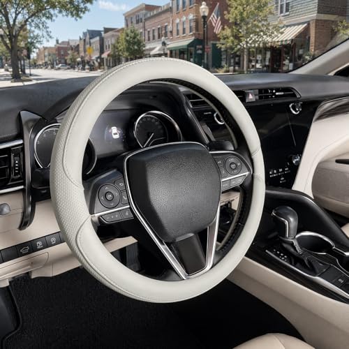 Steering Wheel Cover Universal Standard Size 14.5-15 inch, Non-Folding Packaging, Breathable Microfiber Leather, Anti-Slip, Soft Grip, Fits Most Cars SUVs Trucks, Light Creamy Gray - color: Light Creamy Gray