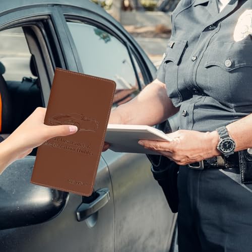 Car Registration & Insurance Card Holder Leather Auto Glove Box Organizer Document Wallet with Magnetic Shut - color: Brown-Upgraded