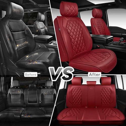 CAR PASS Luxury Nappa Leather Seat Covers Full Set, 3D Rhombus Waterproof Faux Leather Seat Covers, Premium Automotive Seat Cushion Universal Fit for Sedan SUV Truck Van,Airbag Compatible Burgundy Red - color: burgundy red