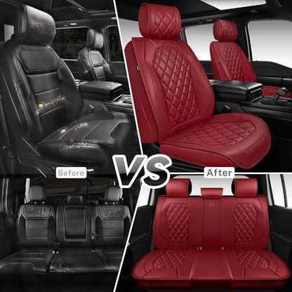 CAR PASS Luxury Nappa Leather Seat Covers Full Set, 3D Rhombus Waterproof Faux Leather Seat Covers, Premium Automotive Seat Cushion Universal Fit for Sedan SUV Truck Van,Airbag Compatible Burgundy Red - color: burgundy red