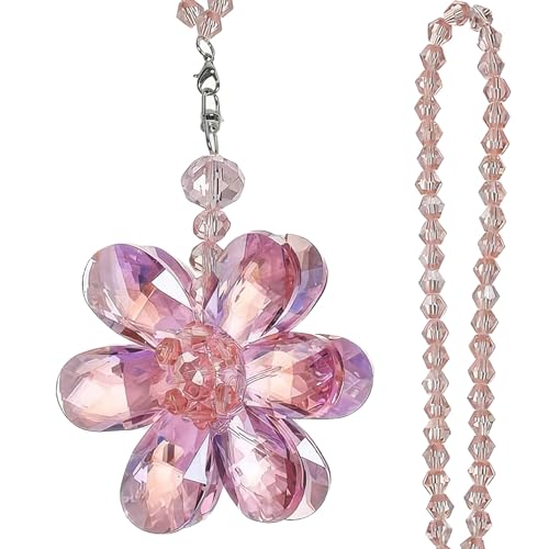 Pink Crystal Flower Car Charm for Women - Feng Shui Rearview Mirror Hanging Ornament - Crystal Bead Auto Interior Decor