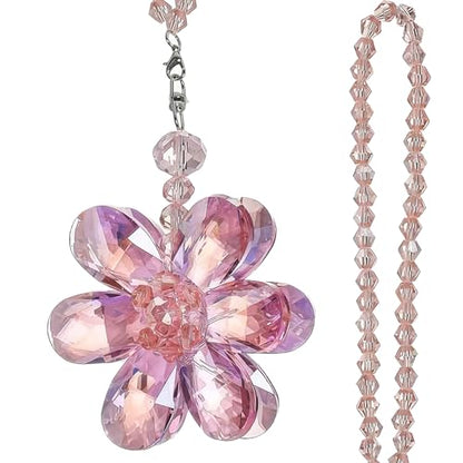 Pink Crystal Flower Car Charm for Women - Feng Shui Rearview Mirror Hanging Ornament - Crystal Bead Auto Interior Decor