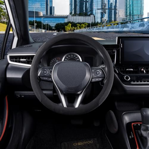15 inch Microfiber Suede Car Steering Wheel Cover, Universal Anti-Slip Grip Protector for SUV Truck, Black & Grey