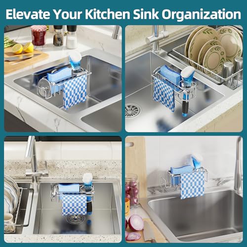 TAILI 4-in-1 Sink Caddy with Strong Suction Cup, Sponge Holder for Kitchen Sink Organizer, Removable, Rustproof, Stainless Steel Holder for Sponge, Brush, Scrubber, Scraper - Silver
