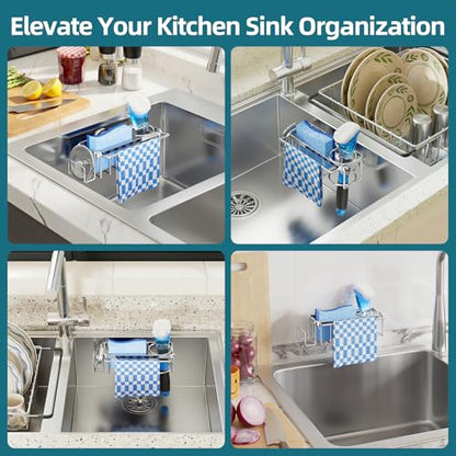 TAILI 4-in-1 Sink Caddy with Strong Suction Cup, Sponge Holder for Kitchen Sink Organizer, Removable, Rustproof, Stainless Steel Holder for Sponge, Brush, Scrubber, Scraper - Silver