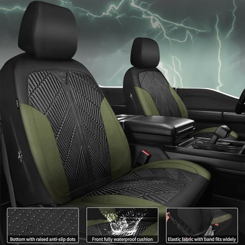 CAR PASS Waterproof Car Seat Covers Front Seats Covers Neoprene Wetsuit, All-Weather Non-Slip Durable,Universal Fit for SUV Sedans Trucks Vans Automotive,Armrest Airbag Compatible,Emboss 2 Black Green - color: Black and Green, size: Two Front