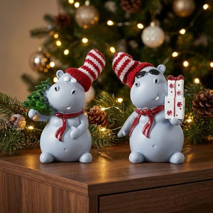2-Piece Funny Christmas Hippo Ornaments Hippopotamus Gifts Resin Hippo Figurines for Indoor Tabletop Christmas Decorations Holiday Home Decor, Ideal Xmas Gift for Family & Friends