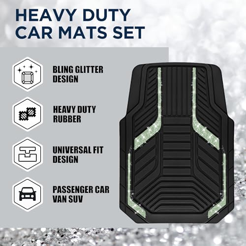 PIC AUTO Car Floor Mats, Green Sparkly Crystal Bling Glitter Car Mats Set, Front and Rear Heavy Duty Rubber Car Mats with Anti-Slip Backing, All Weather, Trim-to-Fit for Automotive SUVs, Sedan, Vans - color: Green Glitter