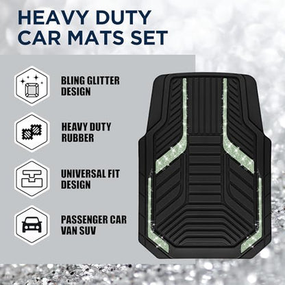 PIC AUTO Car Floor Mats, Green Sparkly Crystal Bling Glitter Car Mats Set, Front and Rear Heavy Duty Rubber Car Mats with Anti-Slip Backing, All Weather, Trim-to-Fit for Automotive SUVs, Sedan, Vans - color: Green Glitter