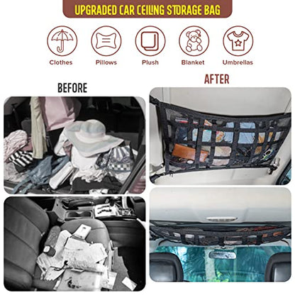 Car Ceiling Cargo Net Pocket Storage Net,29.5"x19.7" Adjustable D-Buckle to Reduce Sagging Roof Storage Organizer,Double-Layer Mesh SUV for SUVs,Road Trips,Car Camping Essentials
