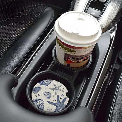 Absorbent Ceramic Car Coasters for Cup Holders, Blue Sea Starfish Shells Design 2.56" Anti Slip Universal Drink Cup Coasters for Women Men (2 Pack) - color: Blue Sea Starfish Shells