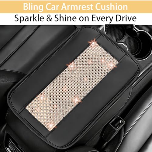 NBTEPEM Bling Car Armrest Cover, Universal Microfiber Leather Center Console Cover with 2 Pockets, Rhinestone Car Armrest Cushion, Bling Accessories Interior for Most Vehicles (Champagne Diamond) - color: Champagne Diamond
