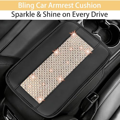 NBTEPEM Bling Car Armrest Cover, Universal Microfiber Leather Center Console Cover with 2 Pockets, Rhinestone Car Armrest Cushion, Bling Accessories Interior for Most Vehicles (Champagne Diamond) - color: Champagne Diamond