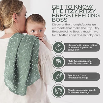 Itzy Ritzy Breastfeeding Boss Multi-Use Cover – A Nursing Cover, Swaddle, Car Seat Wrap, Tummy Time Mat & Burp Cloth All in One – Made of Soft Muslin Fabric & Measures 47” x 47” (Sage Mudcloth) - color: Sage Mudcloth