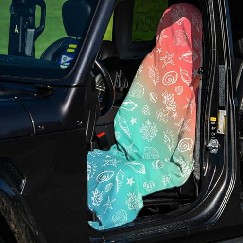 2 Pack Car Seat Towel Covers, Sweat Protector for Front Seats, Premium Thickened Microfiber with Elastic Strap, Breathable & Quick Dry, Machine Washable Cover for Gym Running Universal Fit Seashell - color: Seashell Starfish