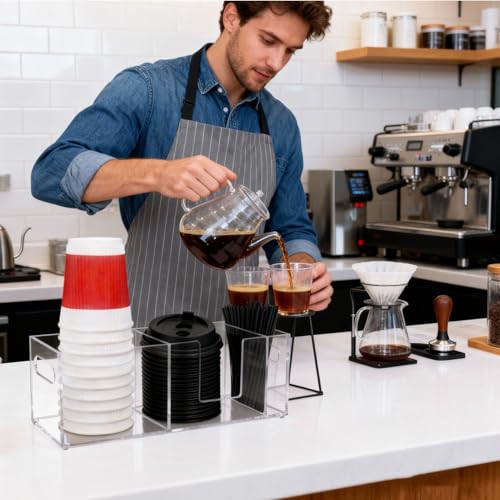 Acrylic Coffee Cup Holder for Countertop Coffee Station Accessories & Organizer 3 Slots Clear Coffee Bar Organizer for Cup Lid Straw