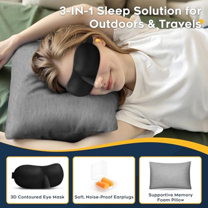 All-in-1 Camping Pillow Set - Shredded Memory Foam Neck Pillow Travel Pillow with Eye Mask, Earplugs, Washable Cover, Compact for Backpacking, Camping, Flights, Car Travel (Medium Size) - size: Medium