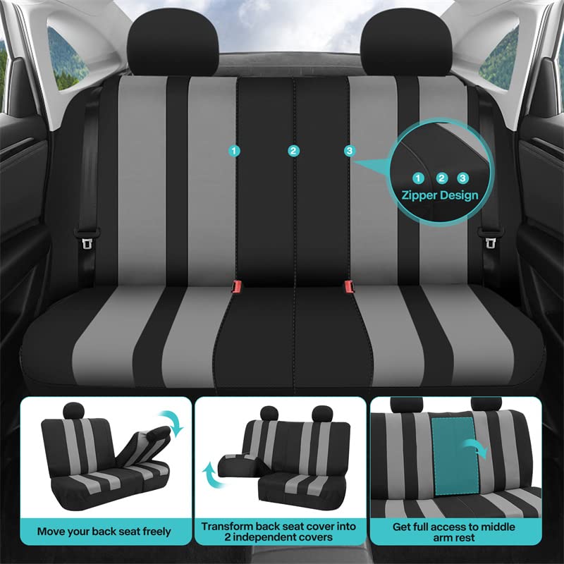 FH Group Car Seat Cover Full Set Striking Striped Gray Car Seat Covers with Front Seat Covers and Rear Split Bench Car Seat Cover Universal Fit Interior Accessories for Cars Trucks and SUVs