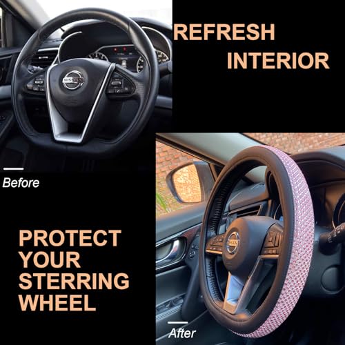 D Shaped Bling Comfy Steering Wheel Cover with Jumbo Crystal Rhinestones, Anti-Slip Diamond Leather, Flat Bottom 14.5-15 Inch (Pink) - color: 2.Pink, size: D Shaped/Flat Bottom[14 1/2''-15'']