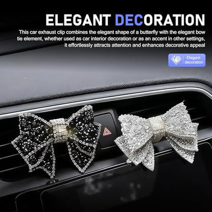 2 PCS Car Butterfly Bow Vent Clips, Bling Rhinestone Bow Straight Air Outlet Clip, Mini Leather Elegant Decoration, Universal Interior Accessory for Cars (Black & White)