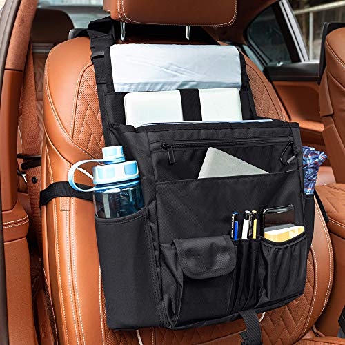 LUXJA Car Front Seat Organizer with Cover and Laptop Sleeve, Car Seat Organizer with Back Adjustable Straps, Black - color: Black