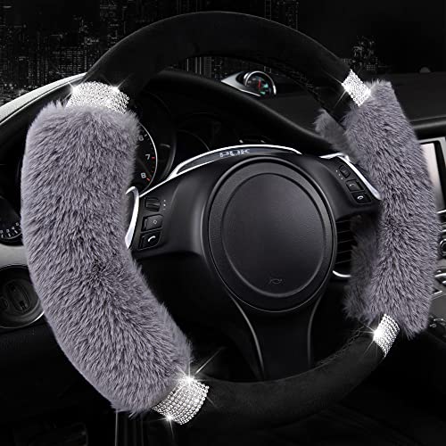 CAR PASS Bling Diamond Rhinestone Fluffy Steering Wheel Cover, Comfortable Non-Slip Luxury Soft Faux Wool Car Accessories, Universal Fit for 14.5" to 15" Wheel Protector Cute for Women Girl, Gray Wool - color: Gray Wool, size: Standard Size[14"1/2-15"]