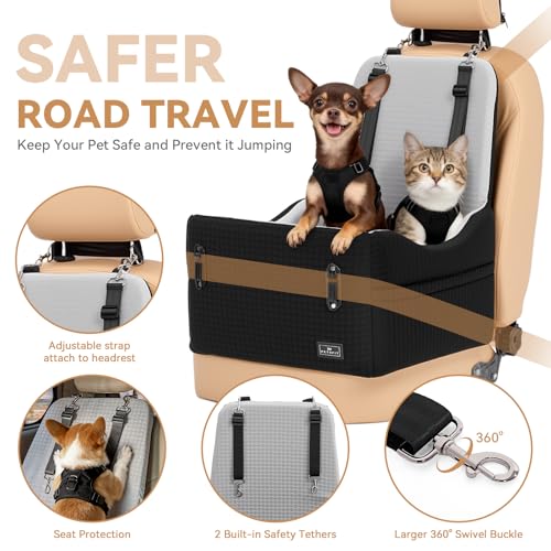 PETSFIT Dog Car Seat for Small/Medium Dogs Up to 35 lbs – Patented Safety System, 5" Memory Foam Pet Booster Car Seat, Fully Detachable and Washable Dog Carseat with 2 Storage Pockets (Black & Grey) - color: Black/Grey