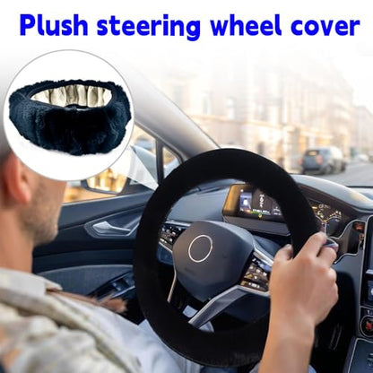 Fluffy Steering Wheel Cover, Winter Warm, Suitable for Most Car Steering Wheels in The 14-15 Inch Range(Black, 1PCS)