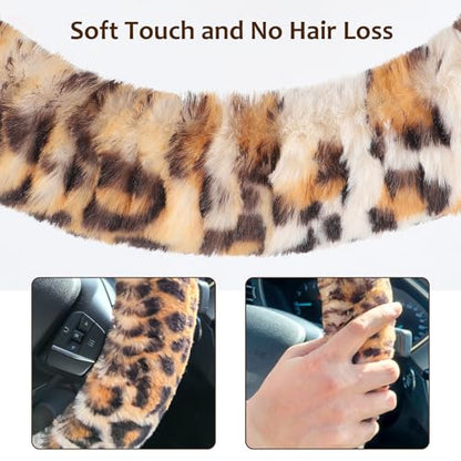 Accmor Fluffy Car Steering Wheel Cover, Universal Fuzzy Wheel Cover 14 1/2-15 & Handbrake Cover & Gear Shift Cover Set, Anti-Slip Leopard Warm Fur Vehicle Wheel Protector Car Accessories for Men Women