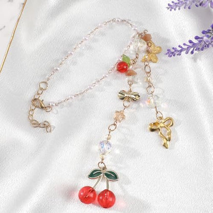 Cherry Bow Rear View Mirror Charm - Gold Crystal Bead Car Suncatcher Pendant, CherrIies Hanging Ornament for Car Accessories, Aesthetic Gift for Women New Driver Friends - style: Cherry Bow