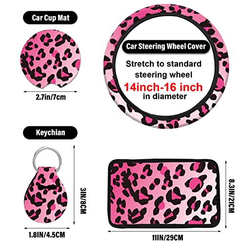 10 Pieces Leopard Print Printing Car Steering Wheel Cover Center Console Armrest Pad Headrest Seat Belt Cover Handbrake Cover Keychain Coaster Full Set Car SUV(Pink) - color: Pink